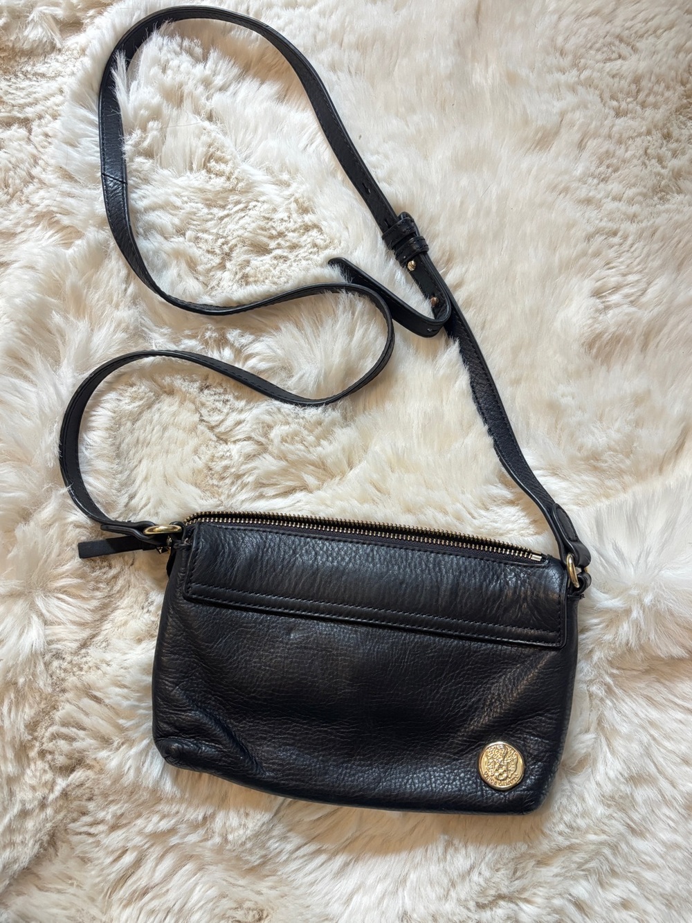 Designer Vince Camuto New York black Leather Crossbody Bag with Gold Accent